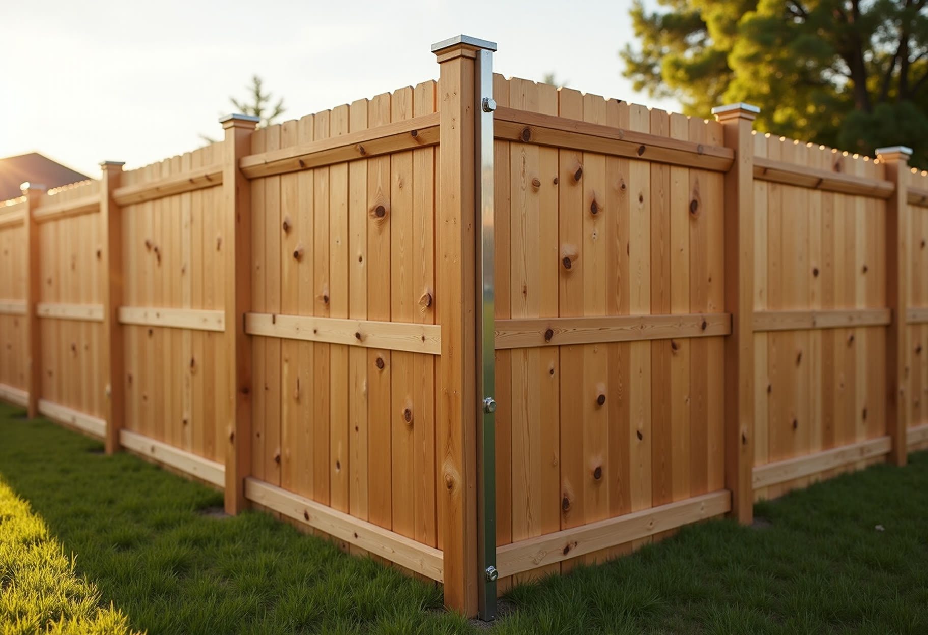Six-foot cedar privacy along a corner lot in Mustang