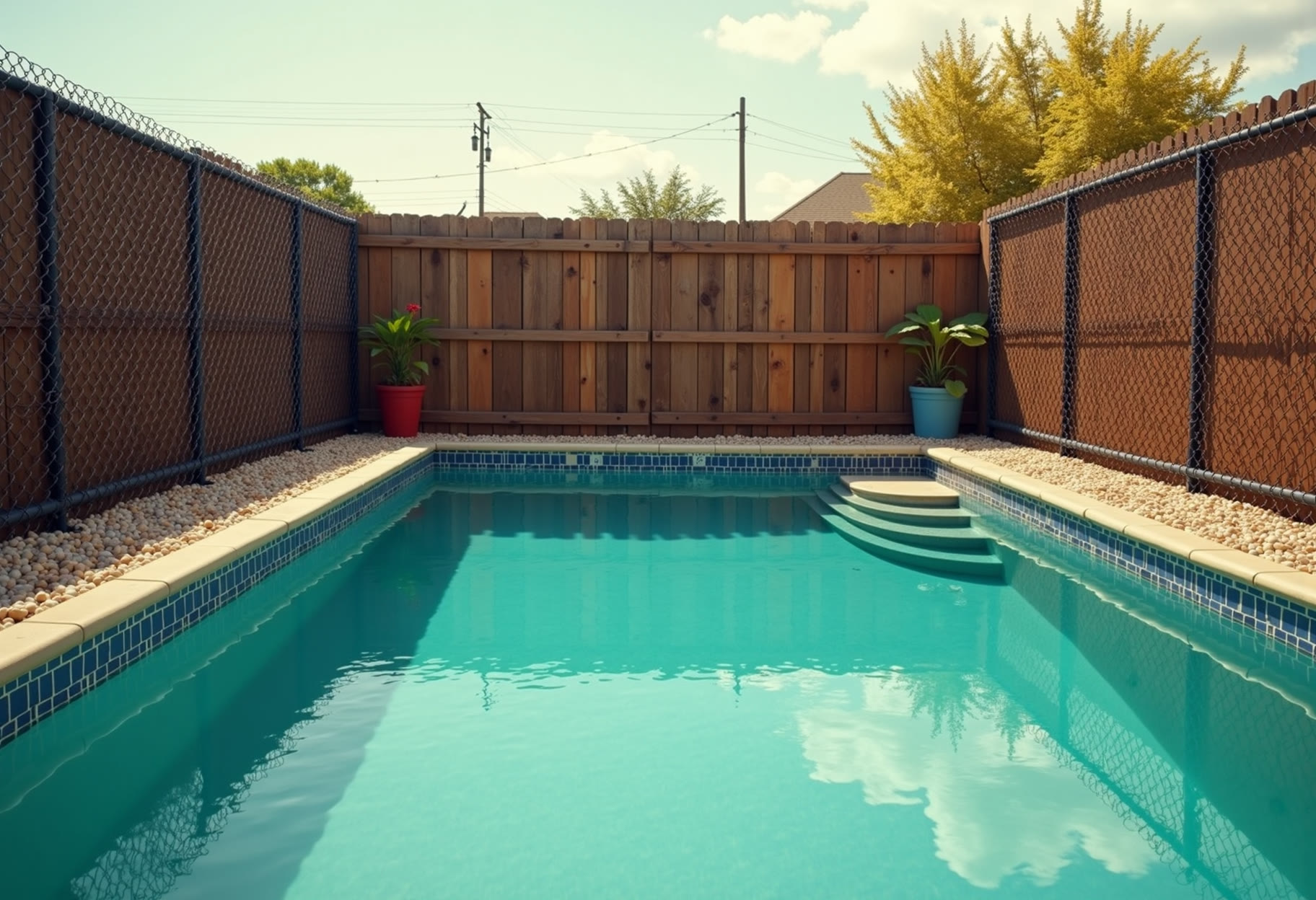 Black chain link around a backyard pool in Yukon